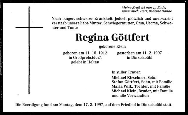 Klein Regina 1912-1997 Todesanzeige